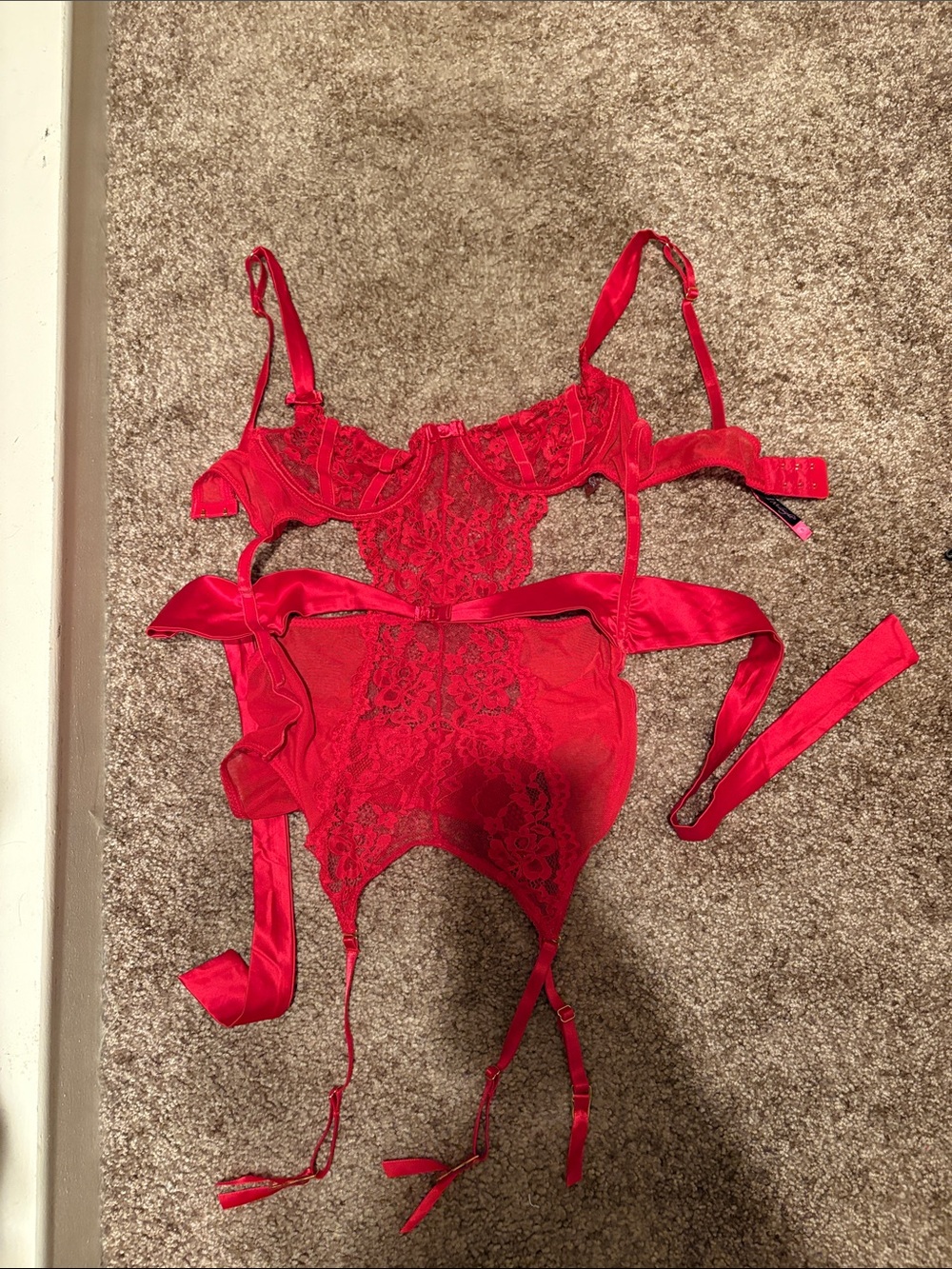 Red Lace Garter Bodysuit with Satin Trim - Women's Intimates